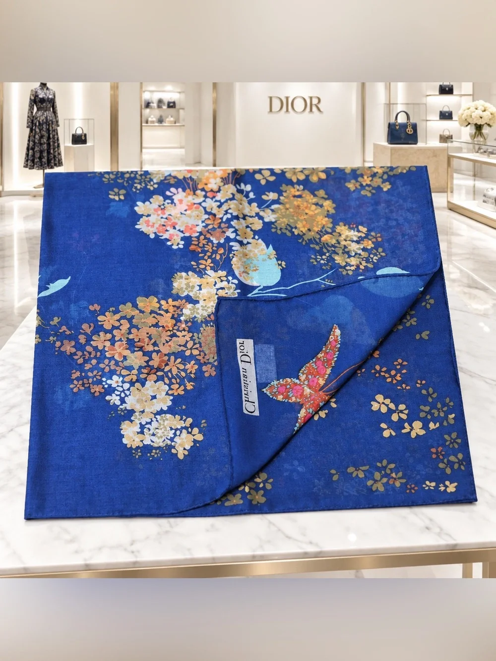 Christian Dior Navy Floral Handkerchief Blue Floral Butterfly 18x18